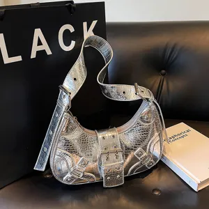 Silver metallic motorcycle hobo shoulder bag with rivets and buckles for women daily use