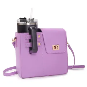Purple crossbody water bottle bag with tumbler, stylish outdoor portable commuter messenger bag.
