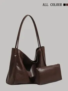 Damen PU Leder Tragetasche Große Kapazität Lässige Schulter Handtasche Minimalistisc Pendlertasche Mit Etui