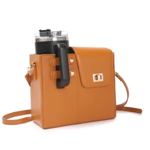Brown leather crossbody water bottle bag stylish commuter messenger bag with tumbler holder