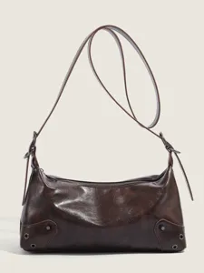 Vintage brown underarm shoulder bag for women, chic retro PU leather crossbody bag daily use.