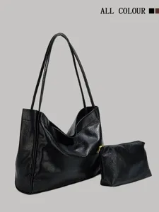 Schwarze Leder-Shopper-Tasche mit kleiner Pouch, grosse minimalistische Schultertasche Damen.