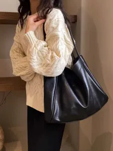Klassische schwarze Leder Shopper Tasche für Damen, stilvolle große Umhängetasche.