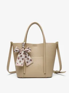 Women PU Leather Tote Handbag Crossbody Bag With Bow Silk Scarf For Daily Commute