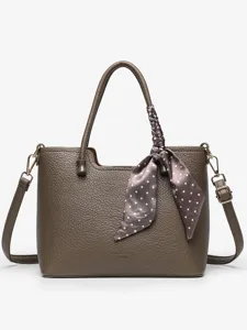 Brown leather tote bag for women with polka dot scarf, casual shoulder handbag for daily commute.