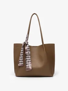 Large Capacity Tote Bag Women Commute Minimalist PU Leather Shoulder Bag Large Handbag With Scarf Decoration
