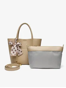 Stylish beige leather tote bag set with detachable strap, pouch and plaid bow scarf.