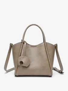 Taupe bucket handbag for women, chic leather crossbody bag with cute elephant charm.