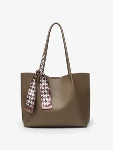 Elegant brown leather tote bag for women, large capacity shoulder bag with stylish checkered scarf.