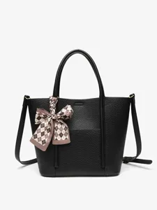 Black leather handbag for women, versatile stylish shoulder bag with bow ribbon detail main view.