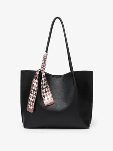 Black leather tote bag for women, large capacity minimalist shoulder bag with chic ribbon decor.