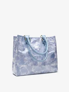Blue crinkle waterproof paper tote bag, stylish shoulder shopping bag for women daily use.