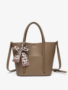 Stylish leather handbag for women, casual crossbody bucket bag with elegant bow silk scarf.