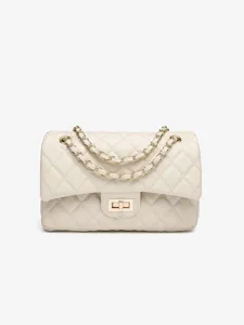 Classic beige quilted shoulder bag for women with gold chain and turn-lock main view.