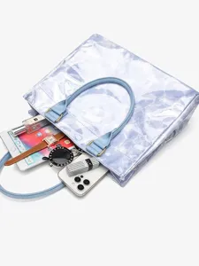 Capacity tote bag with crinkle texture and blue handle for daily commuting and shopping trips.
