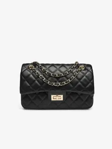 Classic black quilted leather shoulder bag with gold chain strap and turn lock for women.
