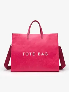 Pink washable kraft paper tote bag with shoulder strap, large capacity minimalist casual handbag.