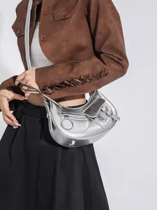 Silver metallic hobo shoulder bag trendy punk motorcycle handbag for women daily streetwear