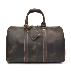 Sac de voyage vintage en cuir Crazy Horse pour homme, grand sac week-end marron.