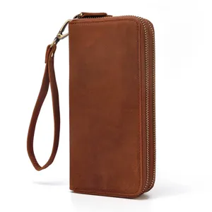 Cartera larga de cuero genuino para hombre, elegante bolso de mano con doble cremallera.