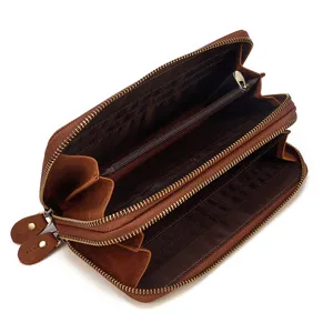 Billetera larga de cuero genuino para hombre doble cremallera bolso de mano