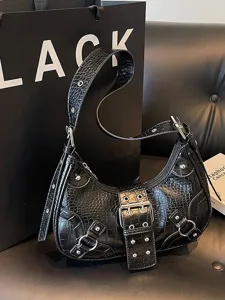 Black leather motorcycle shoulder bag with rivets and metal buckles for women stylish