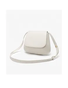 Minimalist white leather saddle bag detail view, stylish women's shoulder crossbody bag.