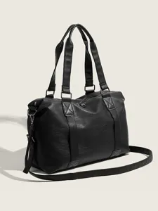 Stylish black PU leather travel duffel bag with top handles and adjustable shoulder strap