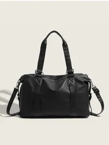 Black PU leather travel duffel bag for women, large capacity casual shoulder crossbody tote.