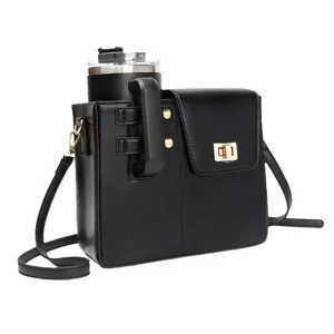 Black PU leather portable tumbler carrier bag with strap, outdoor travel cup crossbody bag.