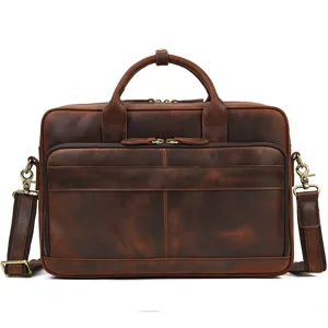 Vintage crazy horse leather 14-inch laptop briefcase for men, genuine cowhide business bag.