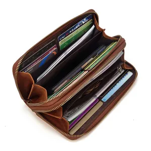 Cartera larga de cuero genuino con doble cremallera para hombre, gran capacidad.