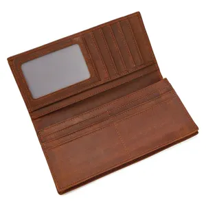 Echtes Leder langes Portemonnaie für Herren, Vintage Büffelleder Faltbrieftasche mit Kartenfächern.