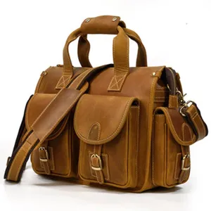 Vintage crazy horse leather men's briefcase shoulder bag with multiple pockets.