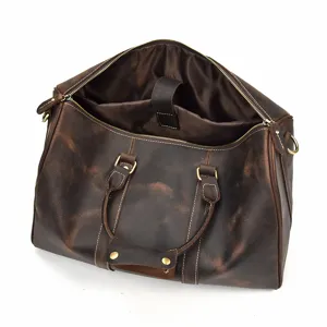 Sac de voyage vintage pour homme en cuir de cheval fou authentique, grand compartiment.