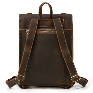 Vintage crazy horse leather backpack detail showing back straps, metal zipper and stitching.
