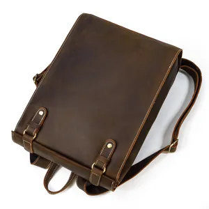 Men vintage crazy horse leather backpack, top layer cowhide casual school bag detail view.