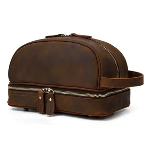 Vintage crazy horse leather toiletry bag for men and women, travel wash bag and cosmetic case.