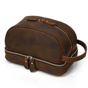 Vintage Crazy Horse Leather Toiletry Bag Travel Makeup Organizer for Men and Women Brown