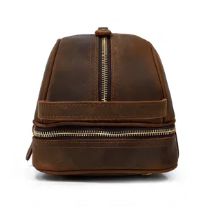 Vintage crazy horse leather toiletry bag for travel, durable brown leather wash bag for men.