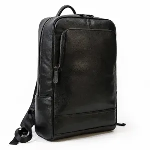 Detail view of premium black leather backpack with spacious compartment and clear dimensions.
