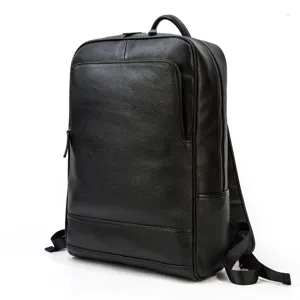 Men genuine leather business casual laptop backpack large capacity travel daypack black