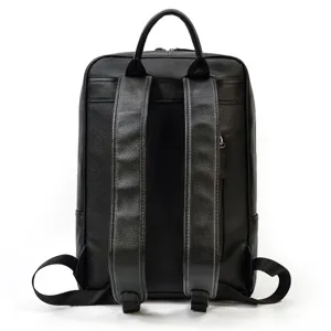 Men's black leather business backpack back view showing adjustable straps and top handle design.