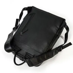 Men's leather business backpack detail view, genuine cowhide casual travel laptop bag.