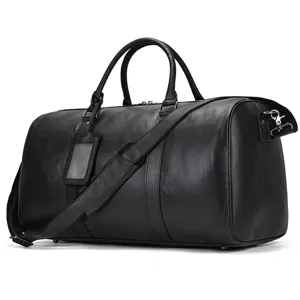 Sac de voyage en cuir noir de haute qualité avec bandoulière, parfait pour le sport et le week-end.