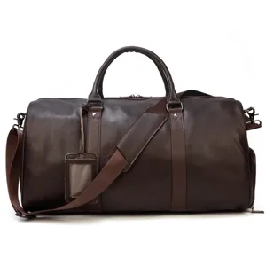 Echt lederen reistas duffel bag voor heren, grote capaciteit vintage weekender tas met riem.