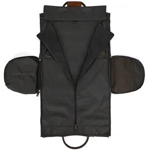 Foldable garment bag travel luggage suit bag with leather handles and dual shoe pockets.