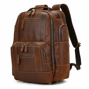 Vintage brown leather backpack detail featuring durable stitching, multiple metal zippers.