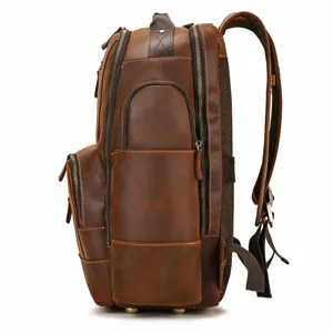 Vintage crazy horse leather backpack for men, large capacity casual travel daypack.