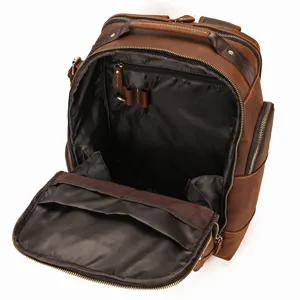 Vintage crazy horse leather backpack interior detail, large capacity 15.6 inch